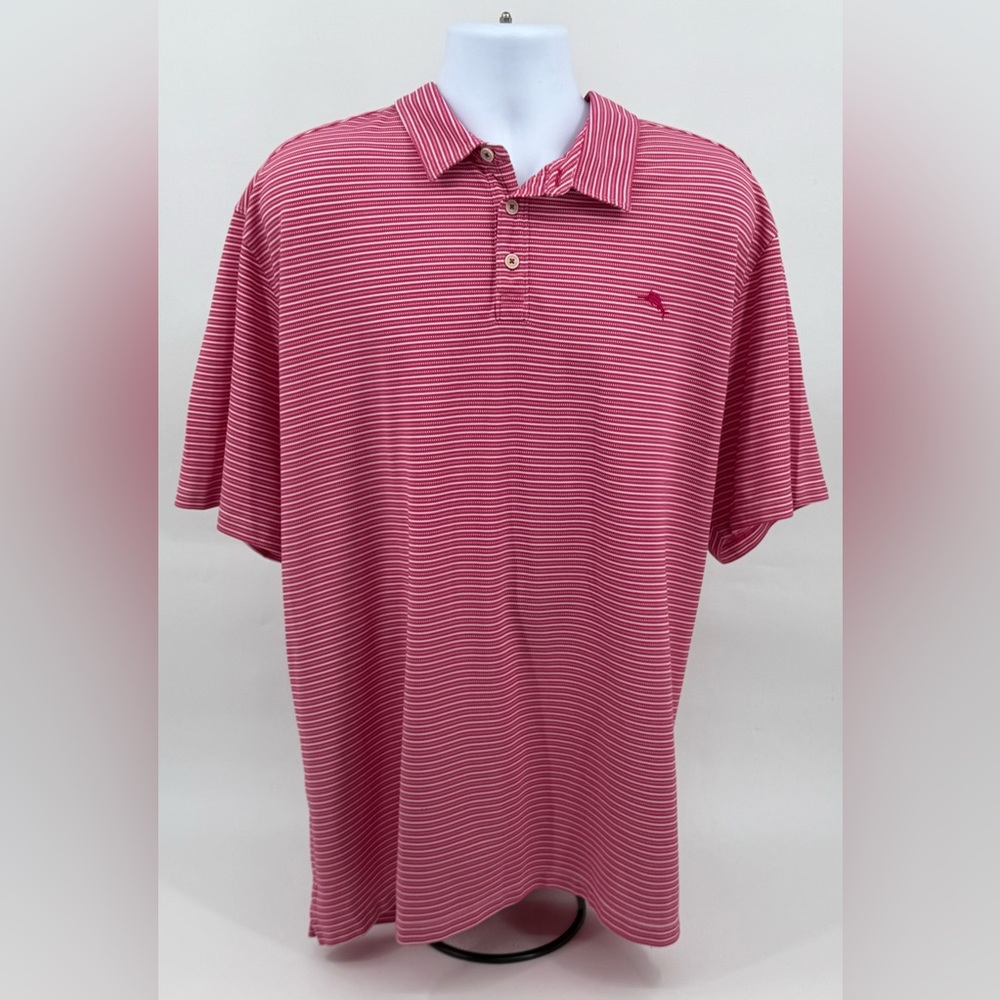 Tommy Bahama Island Zone Pink Rasberry White Textured Striped Golf Polo Mens 3XL